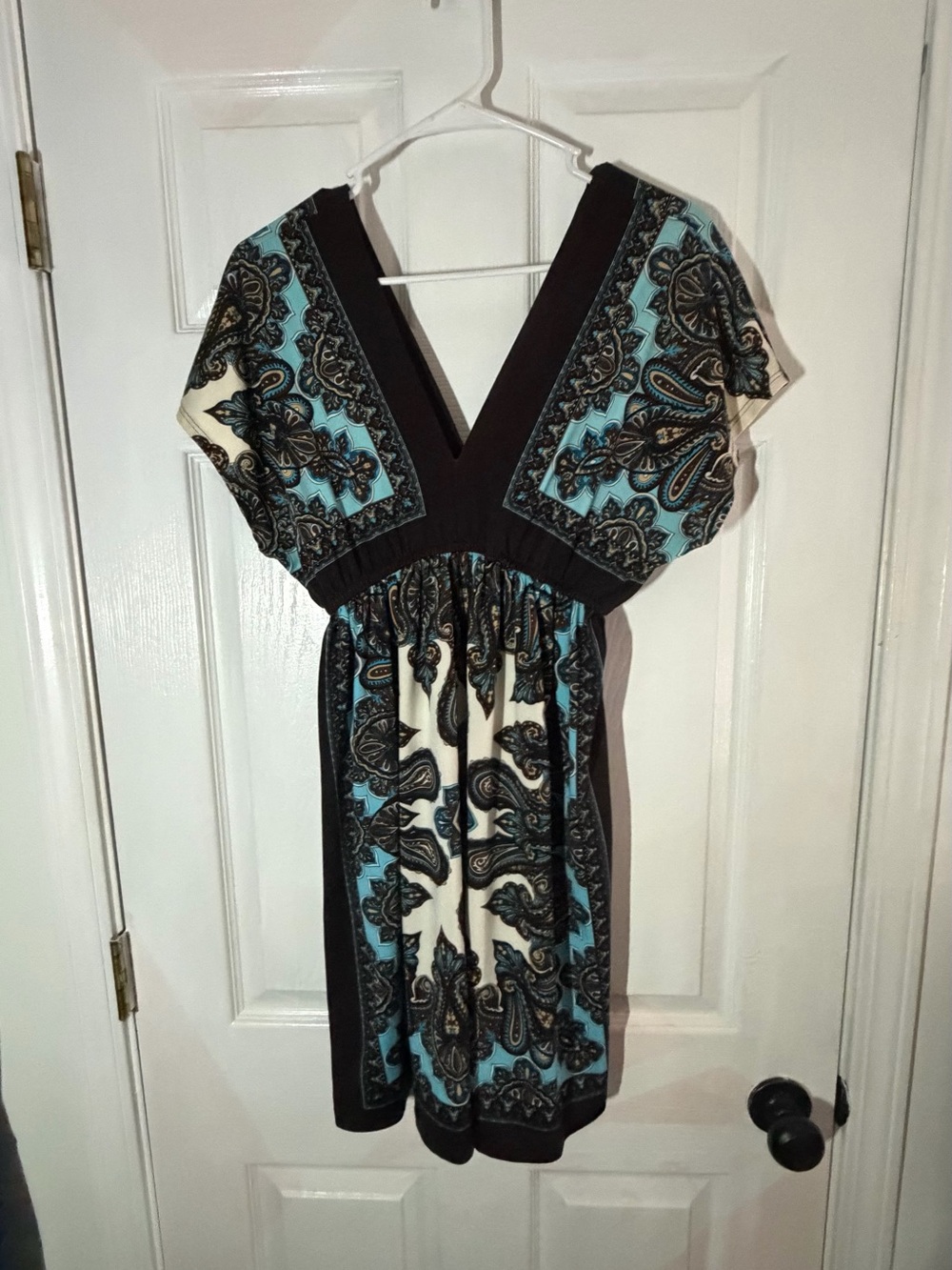 bailey blue V‑Neck Paisley Mini Dress in Teal, Cream and Black